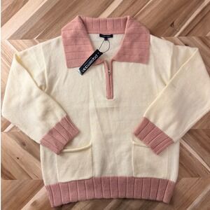 Y2K PAPPERMOON Cream/Mauve 1/4 Zip Knit Sweater Women S Retro 70s NWT Coquette